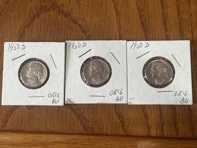 1950 D Jefferson Nickel 5 Cent Coin, BU Uncirculated, 3 Coins