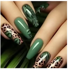 24 Pieces Press-On Nails – Medium Ballet W/Leopard Print & Leaves - Glossy