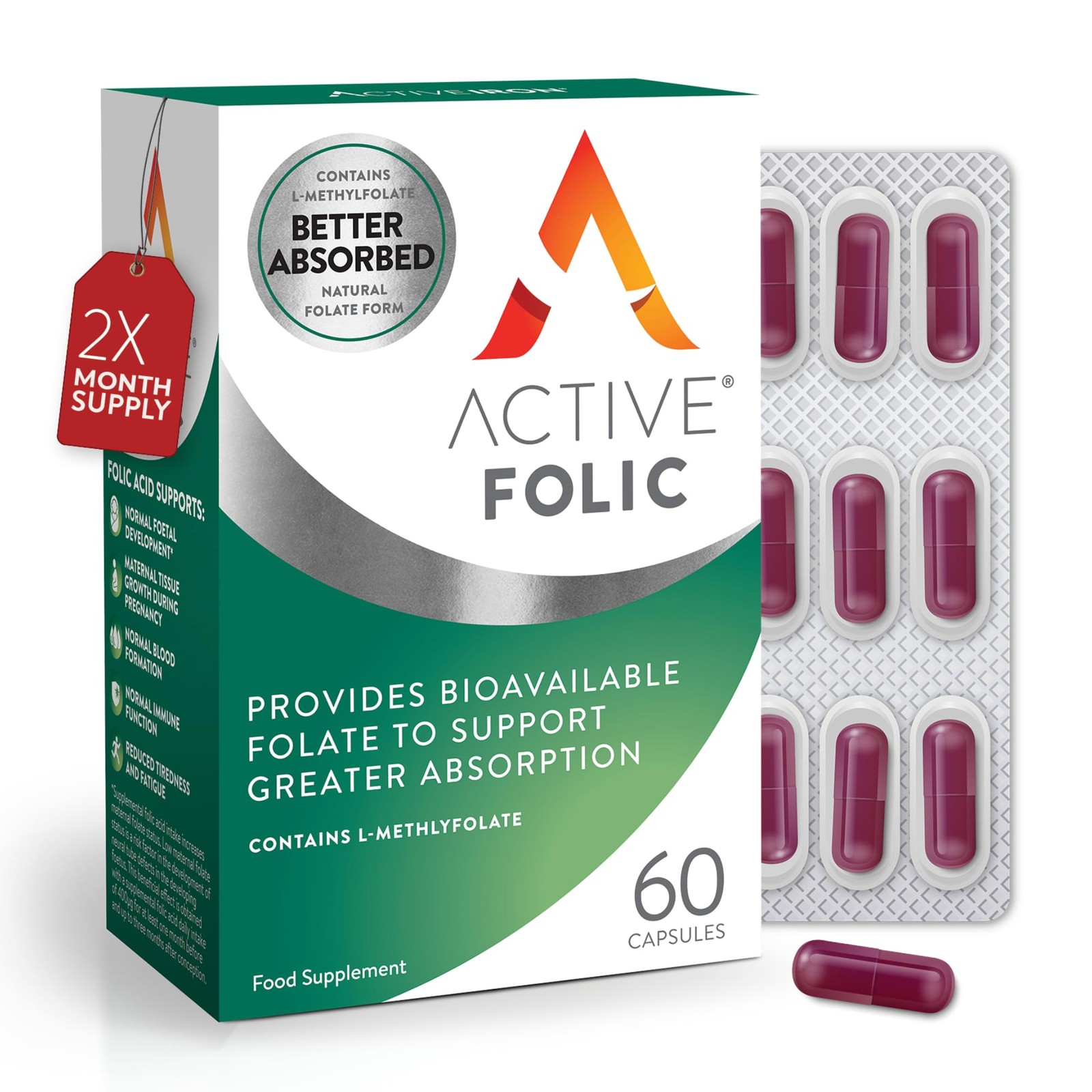 Active Folic Vegan Folic Acid Supplement x 2 Packs Food Supplement 120 Capsules - Image 2