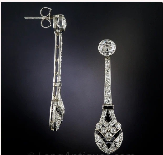 Art Deco Style Lab Created Diamond & Onyx Drop/Dangle Earrings 14K White Gold FN