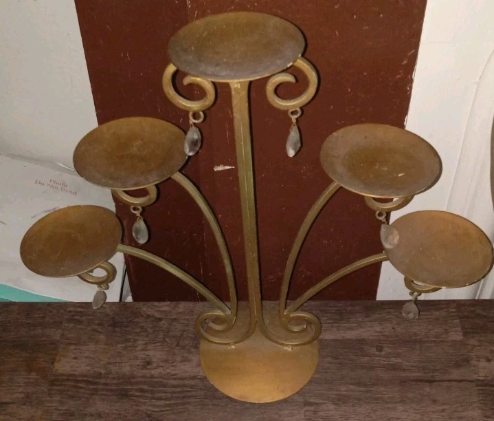 Vintage Spanish Revival Gold Metal Wedding Fireplace Candelabra with Scrolls and Crystals