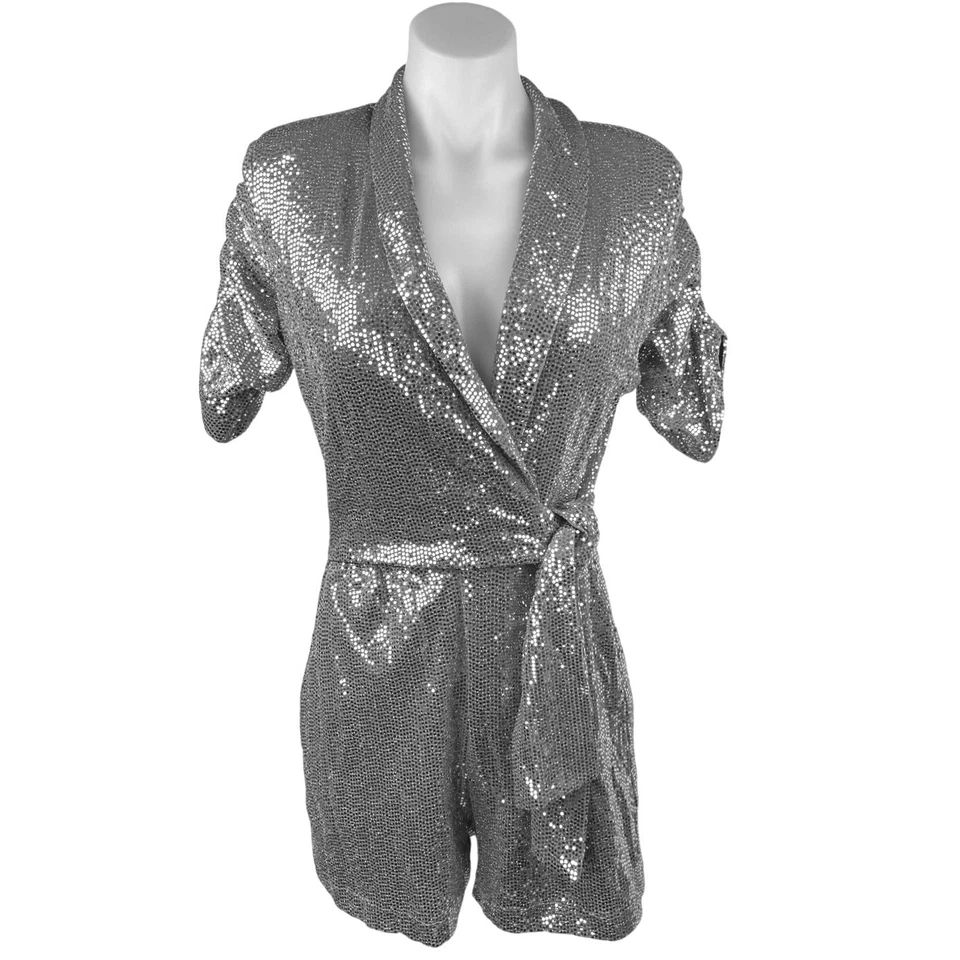 Zara Silver Metallic Sequin Sparkly Shimmer Short Sleeve Wrap Romper Shorts Sz S Foto 2 de 4