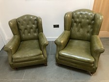 Pair Of Vintage 1950,s His And Hers Wing Back Chairs In Green Faux Leather