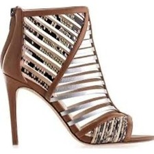 Nine West SZ 7 in Box Tan Leather 4" STILLETO Heel PEEP TOE Snakeskin Metallic  