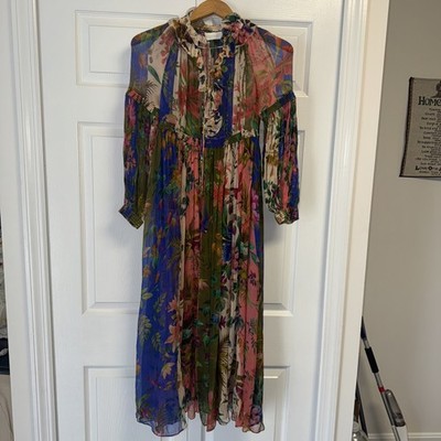 Zimmermann Tropicana Lantern Sheer Silk Midi Dress Spliced Multi Sz 0  RESORT | eBay