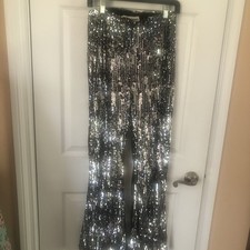 Silver Sequin Flared Leg Pants Women's Size Medium Fully Lined Retro Party Dance