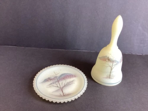 Fenton Custard Glass Winter Chapel 3.5" Plate & 4.5" Bell Set Hand Painted Glows