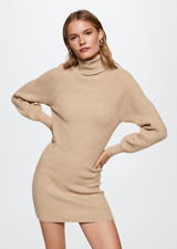 Mango Ribbed Turtleneck Long Balloon Sleeve Beige Nude Mini Midi Dress Size S