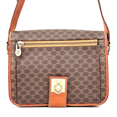 CELINE Macadam Cross Shoulder Bag PVC Leather BrownGold Ring Plate Authentic