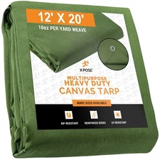 Canvas Tarp - 12' x 20' Army Green Duck, Heavy Duty with Brass Grommets
