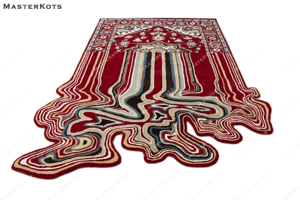 Alfombra oriental fundida - roja, acolchada a mano 100 % lana alfombra suave Foto 2 de 4