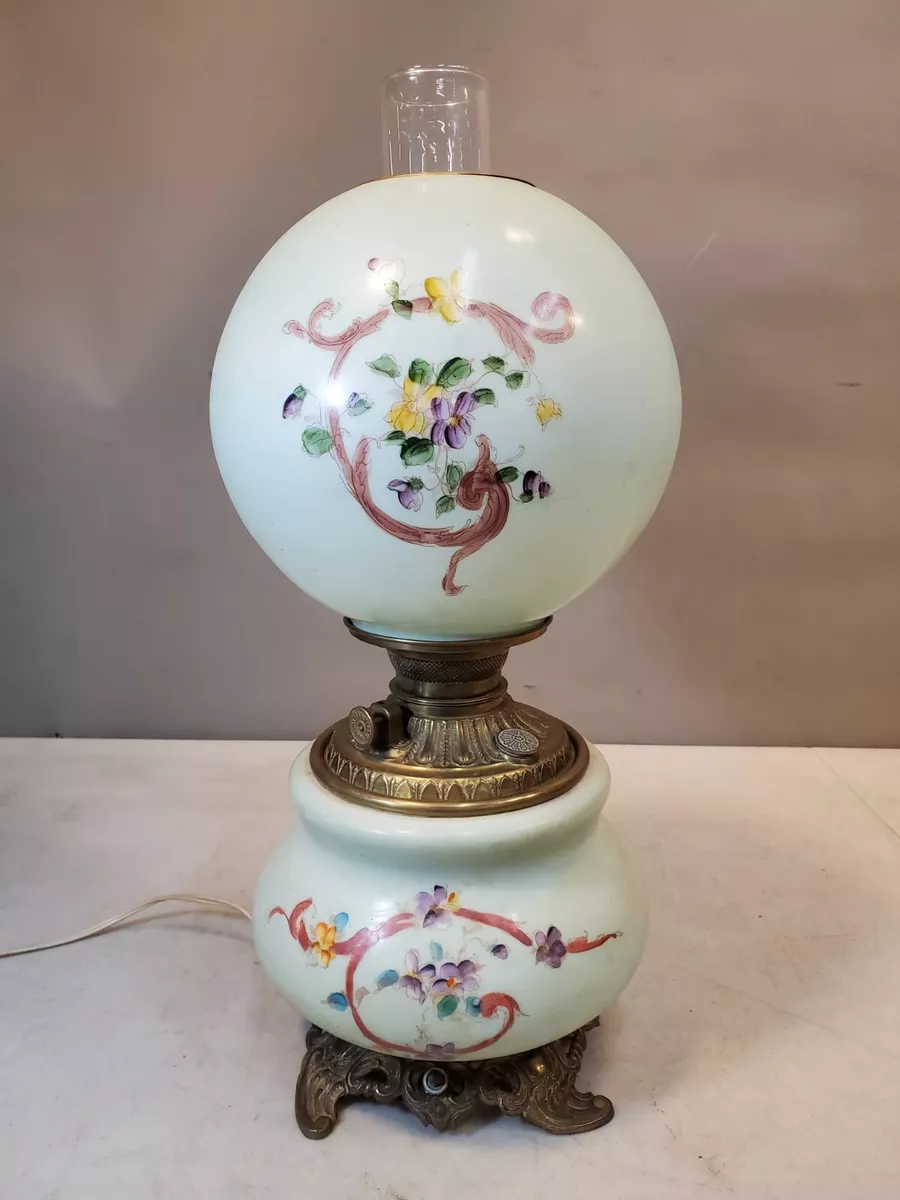 Antique GWTW Hurricane Lamp Electric Hand Painted Wild Flower Vine 20