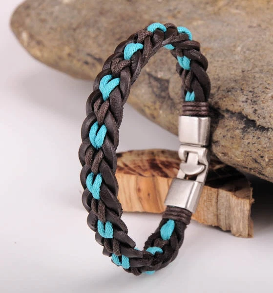 JG446 Pulsera Brazalete Brazalete Brazalete Hombre Cáñamo y Cuero Trenzado Roca Plata Nuevo L Foto 3 de 4