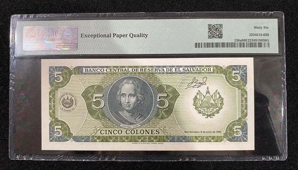 EI Salvador Banco Central de Reserva 5 Colones 1990 Pick#138a PMG 66 EPQ Gem UNC - Image 2 of 2