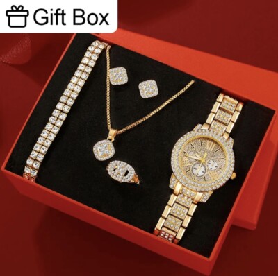 6PCS Set Women Gift Box Golden Watch Necklace Bracelet