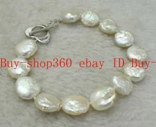 Natural 12-13mm White Baroque Pearl Coin Gemstone Bracelet 7.5''