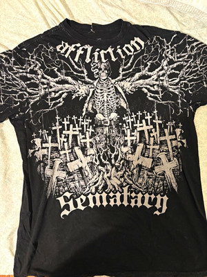 Affliction Sematary Grave Man Black Skull Graphic Crew Neck Tee Men's L