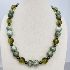 Boho Chunky Green Speckled Ceramic Bead Necklace Bronze Tone Hardware