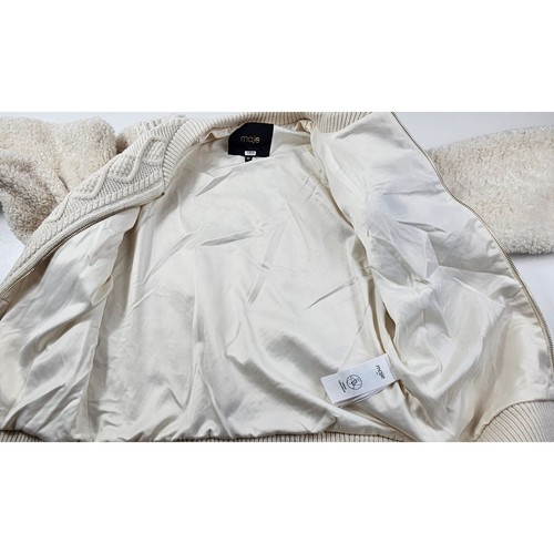 Maje designer wool blend THICK sherpa cable knit neutral varsity jacket 40 FLAW - Picture 8 of 14