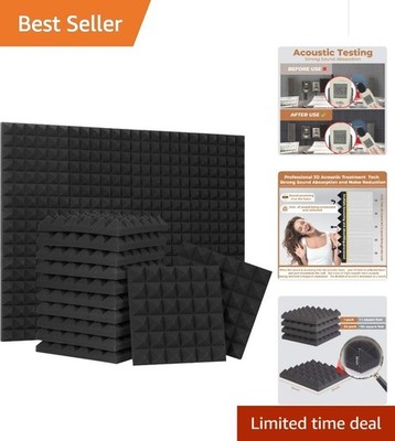 24 Pack Black Pyramid Acoustic Foam Panels - 12'' x 12'' x 2'' for Sound Absorption