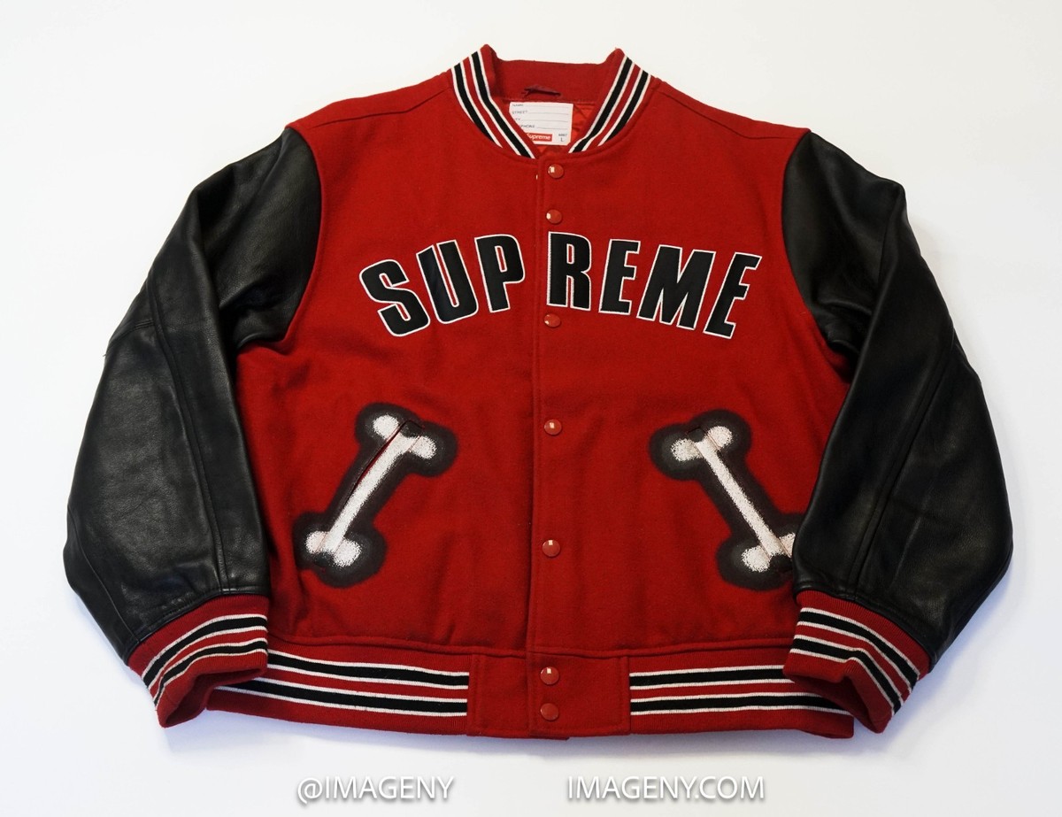 SUPREME CHITO BONE VARSITY JACKET USED SIZE LARGE RED BLACK FW18
