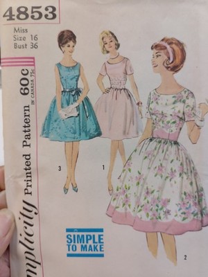 Simplicity 4853 Dress Sewing Pattern Ladies 16 UC VTG 60's Easy Sleeveless Top