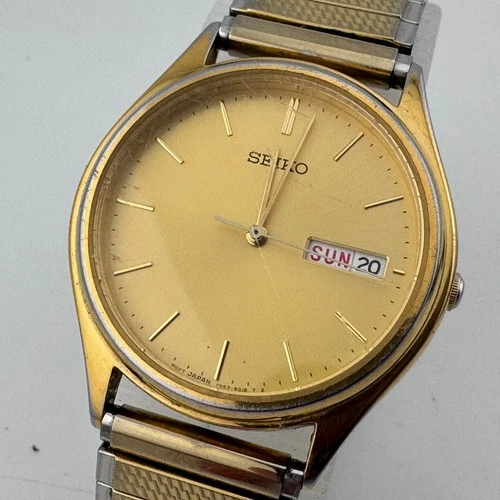 VTG Seiko Quartz Watch 7N43-8A99 Men Gold Tone Stretch Day Date Analog New Batte