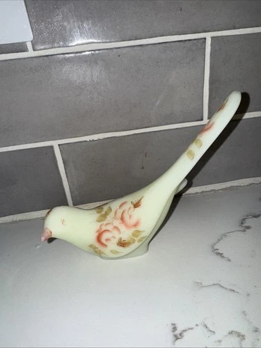Fenton Vaseline Uranium Custard Longtail Floral Bird Signed