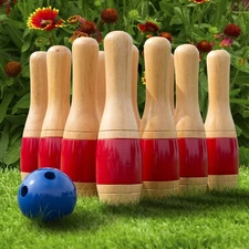 11 Inch Wooden Lawn Bowling Set with Mesh Bag Backyard Family Game