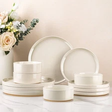 Ceramic Dinnerware Set for 4 | Speckled Stoneware Plates and Bowls with ungla...