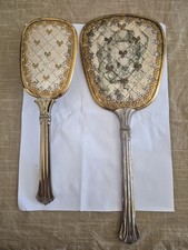 Vintage Victorian Style Vanity Hand Mirror And Brush Set Silver, Gold Tone, BOWS