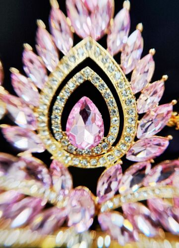 Quinceanera Crown, Pink Rhinestone Crown, Large Size Crown, Gold Crystal Crown - Picture 7 of 7