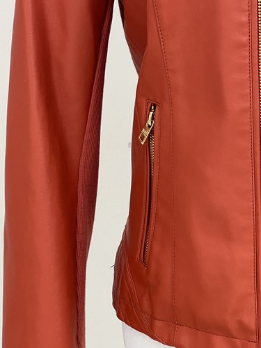 Andrew Marc NY Faux Leather Biker Jacket Brown Orange Size S Zip Pockets BNWT - Picture 3 of 13