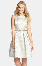 Eliza J Polka Dot Jacquard Fit & Flare Dress Sz 4 Silver Gold