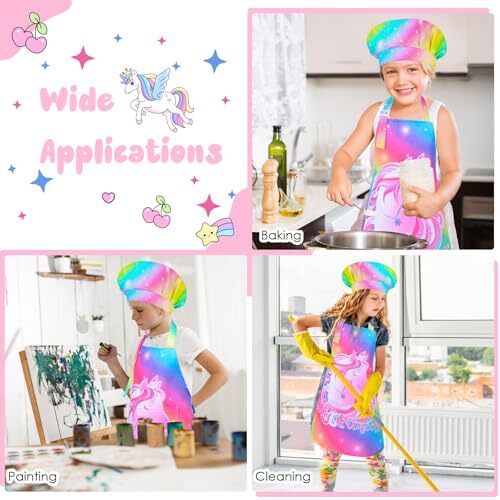 Kids Apron and Chef Hat Set, Girls Boys Adjustable Chef Hat 3-5 Years Rainbow - Afbeelding 4 van 7