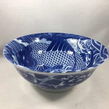 Japanese Ramen Noodle Soup Rice Bowl 8"D Porcelain Blue Koi Carp Made in Japan