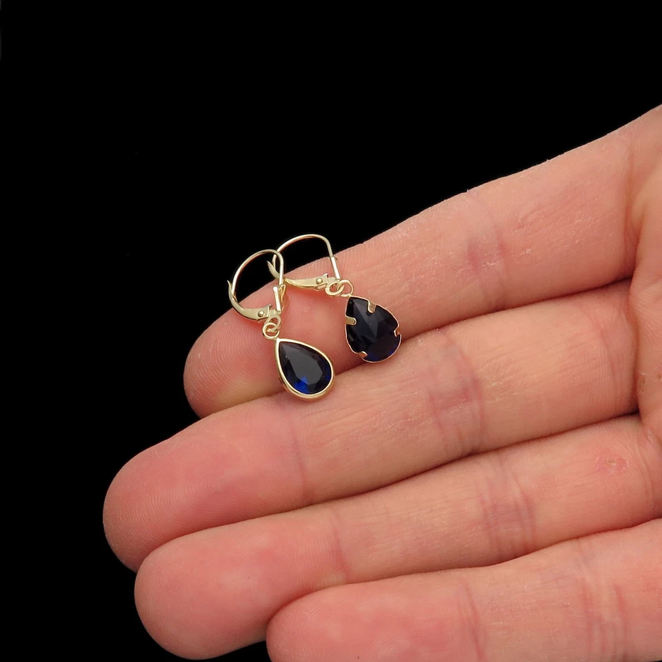 2.5CT Pear-Cut Simulated Blue Sapphire Bezel Lever-back Earrings 14k Yellow Gold - Image 4 of 4