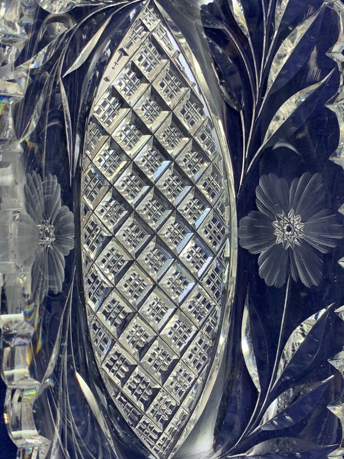 American Brilliant Cut ABC Crystal Relish Banana Split Dish Oval Flower Sawtooth