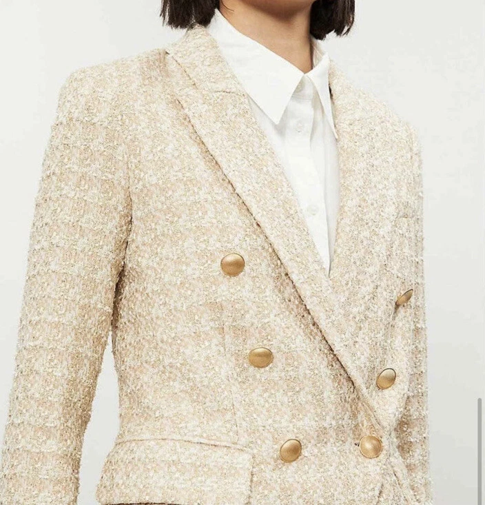 $688 L’AGENCE 2 Chaqueta Kenzie X-Pequeña Abrigo Blazer Doble Pecho Dorado Blanco XS Foto 4 de 4