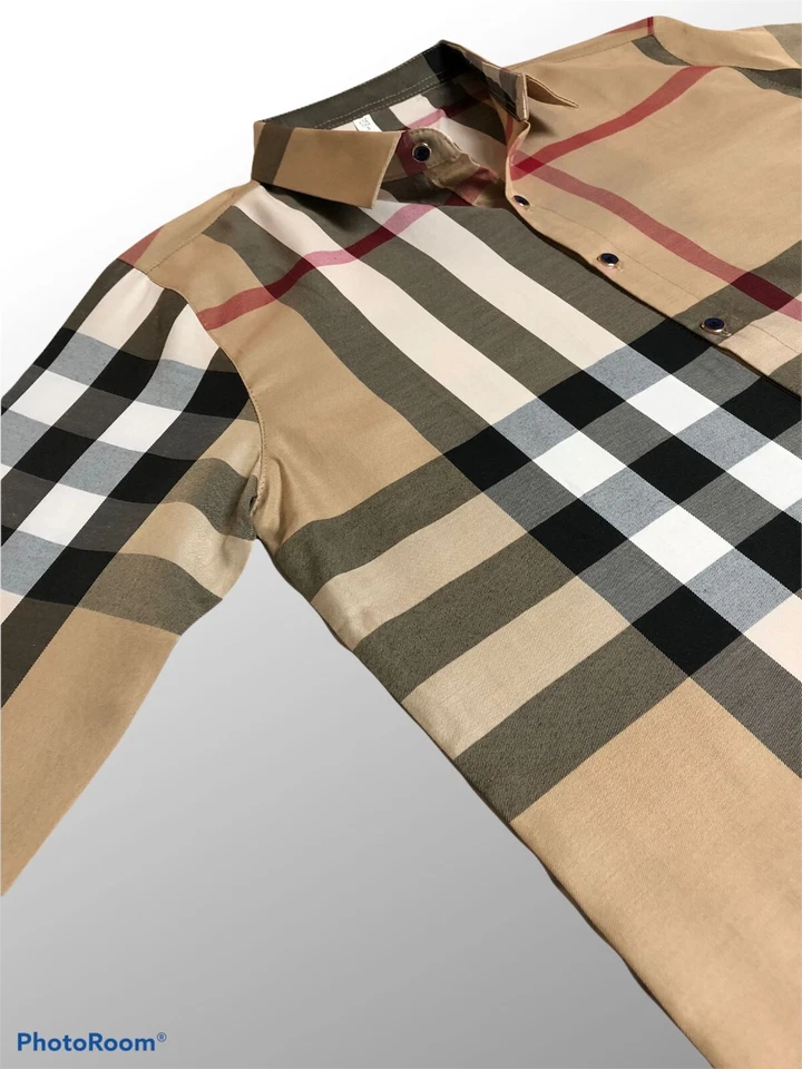 FREE SHIP New Mens Shirt Beige Khaki Black Gray Plaid Button Down Business Top - Image 2 of 4