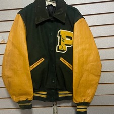 Vintage Varsity Letterman Jacket Green Yellow Leather Wool Patch P Hockey Mens