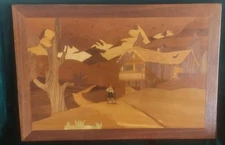 Vintage Alpine Chalet Wood Inlay Picture Marquetry Wood Inlay 1971
