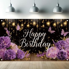 Purple Happy Birthday Backdrop 71 x 43 Inch Floral Butterfly Gold Glitter Photog