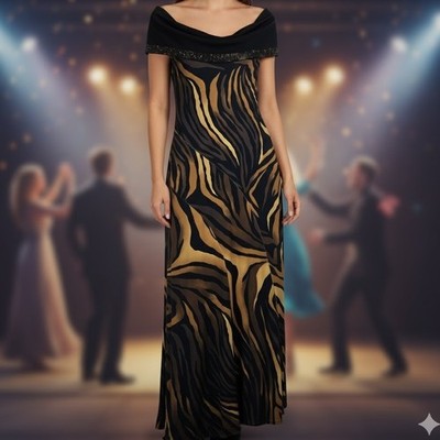 Angelo Marani Maxi Dress Animal Print Embellished Black Gold Sequins Size 42 = 6