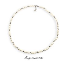 Collana perle bianche da uomo in acciaio inox . Collana perle vere di conchiglia