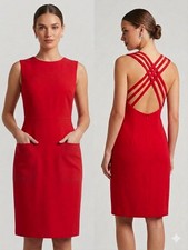 Vintage Sheath Dress Red Sleeveless Linen Blend Criss Cross Back XS/S