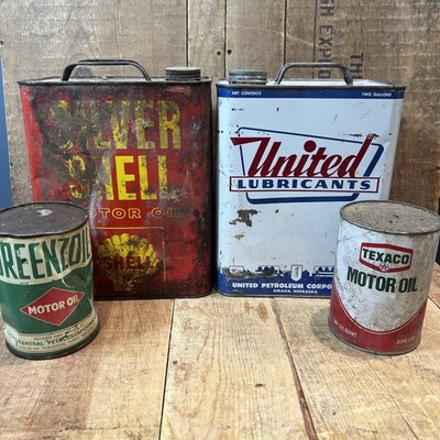 Vtg United Lubricants, Silver Shell 2 Gl Oil Cans and Texaco And Greenzone  Oil