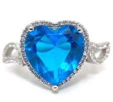 Heart 8CT Blue Topaz  White Topaz 925 Solid Sterling Silver Ring Sz 8