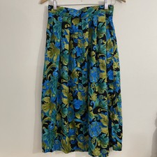 Vintage Worthington Floral Midi Skirt Rayon Size 12 Green Blue Black Boho