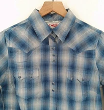 Roper Western Blue Metallic Plaid Snap Front Top Size Small 